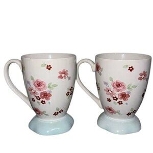 Set Of 2 Pfaltzgraff Floral Pattern Ceramic Mugs With Blue Base